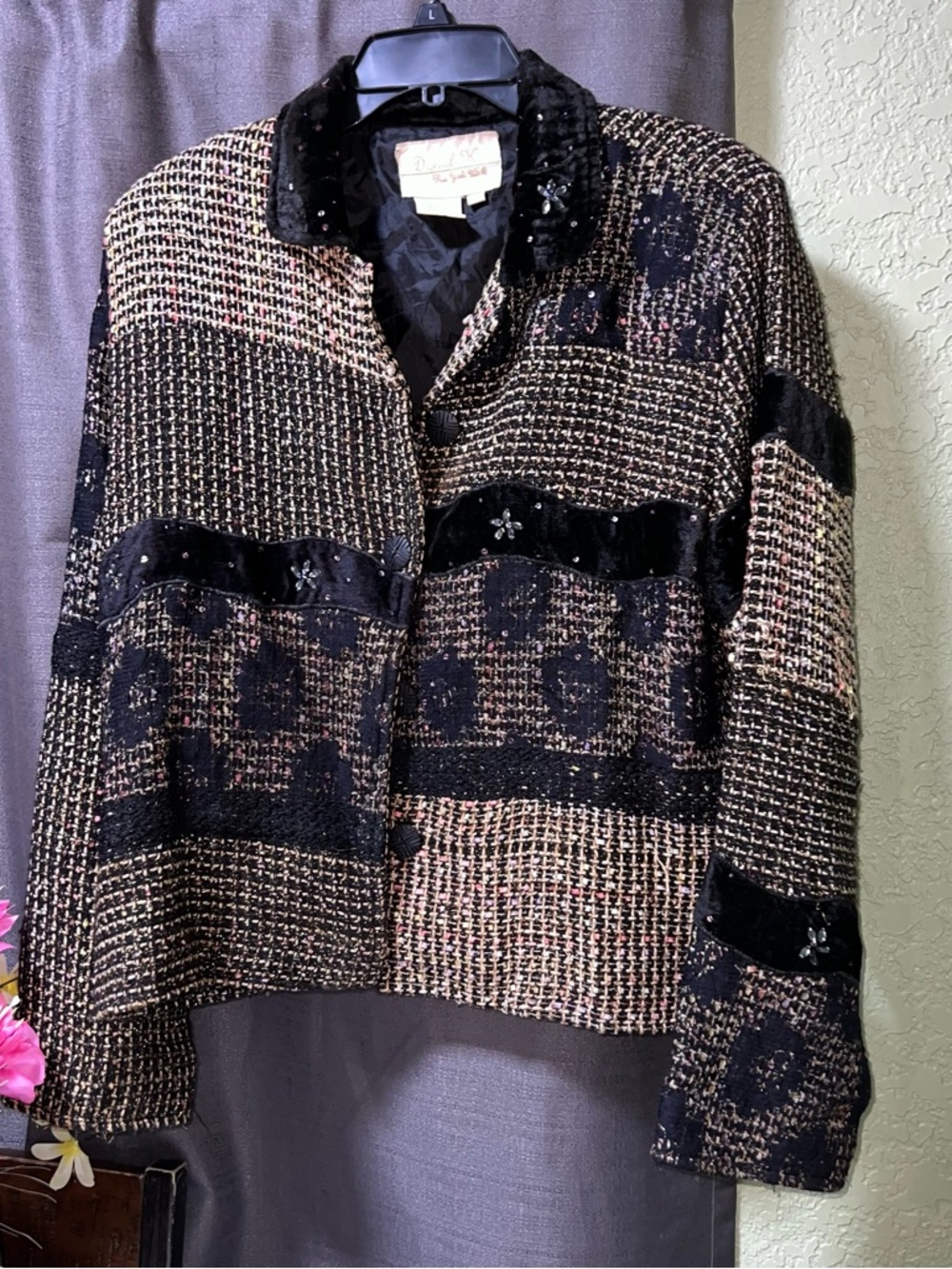 Daniel K Black & Beige Tweed Embellished Blazer Artsy Dramatic New York USA